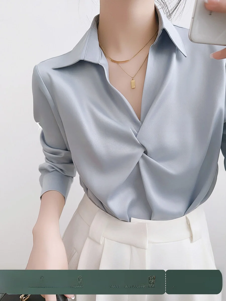 

Элегантная синяя атласная блузка для женщин: профессиональный топ для офиса, премиум-класса, прямого кроя, с длинным рукавом, V-образным вырезом, классический стиль