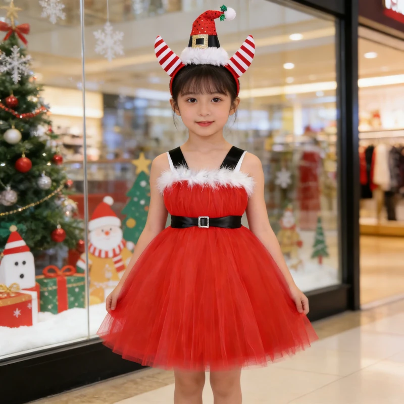 Santa Claus Christmas Long Dress for Girls Xmas Party Clothes Set Princess Dresses Tulle Outfit Children Kids Deer Tutu Clothes