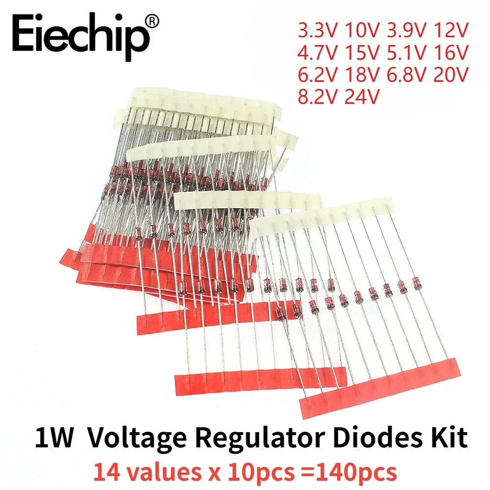 

140PCS 1W Zener Diode Kit 3.3V-24V Voltage Regulator Diodes Set 14 Values 3.3V 10V 3.9V 12V 4.7V 15V 5.1V 16V 5.6V 18V 6.2V 20V
