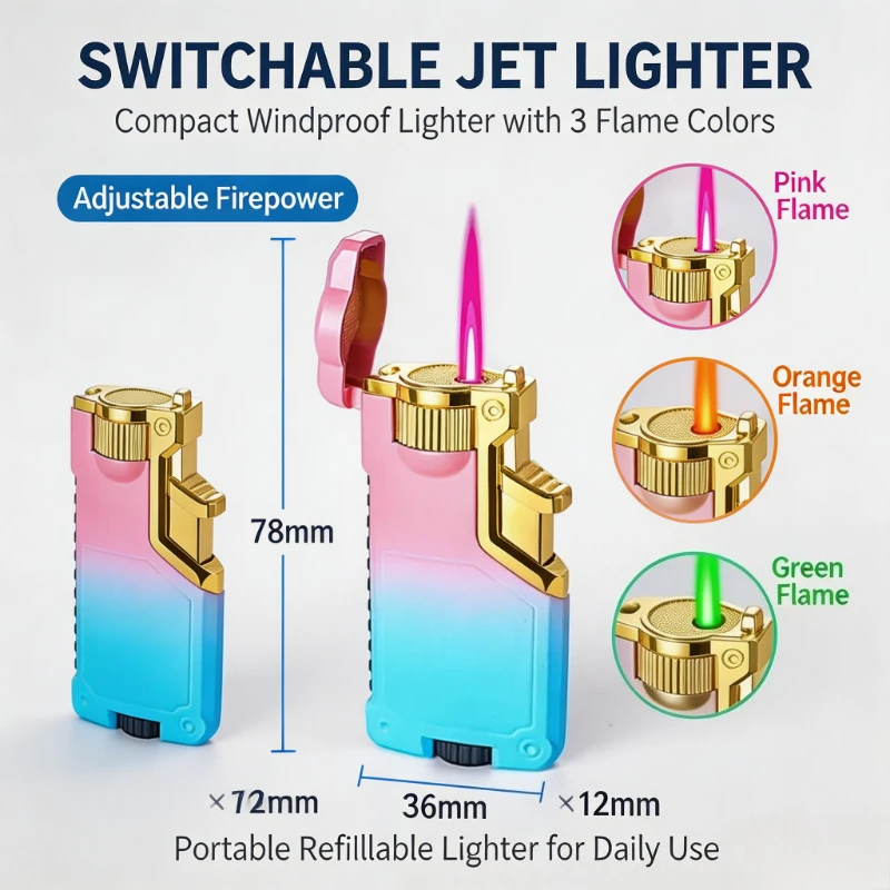 Cool Windproof Triple‑Flame Butane Lighter, Metal Body With Gradient Switchable Flame, Novel Creative Smoking Gadget Accessory