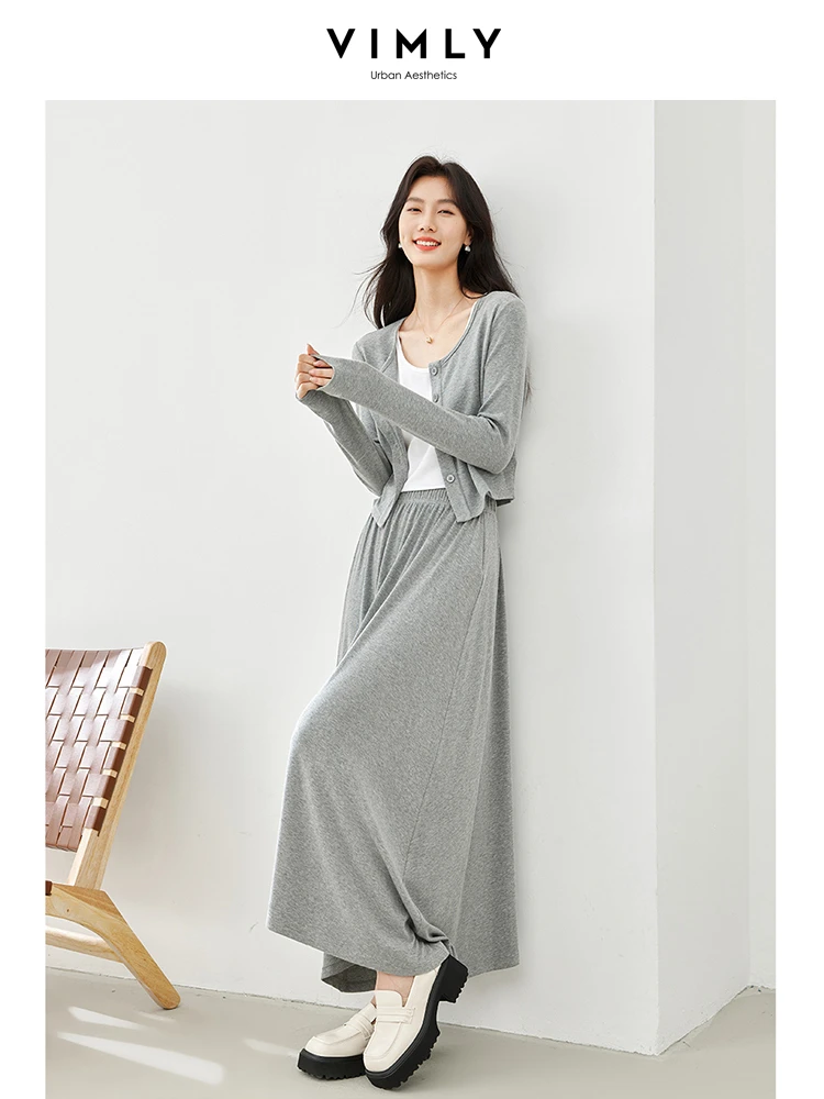 Vimly Spring Casual New in Matching Sets 2024 New O-neck Cardigan Tank Top A-line Maxi Skirt Three-piece Suit for Women M5389