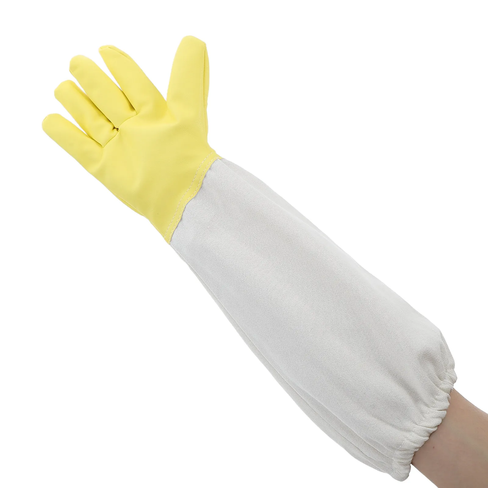 1Pair Beekeeping Gloves Extended Sleeve PU Canvas Heavy Duty Elastic Cuffs Protective Hand Gear for Outdoor Gardening Work