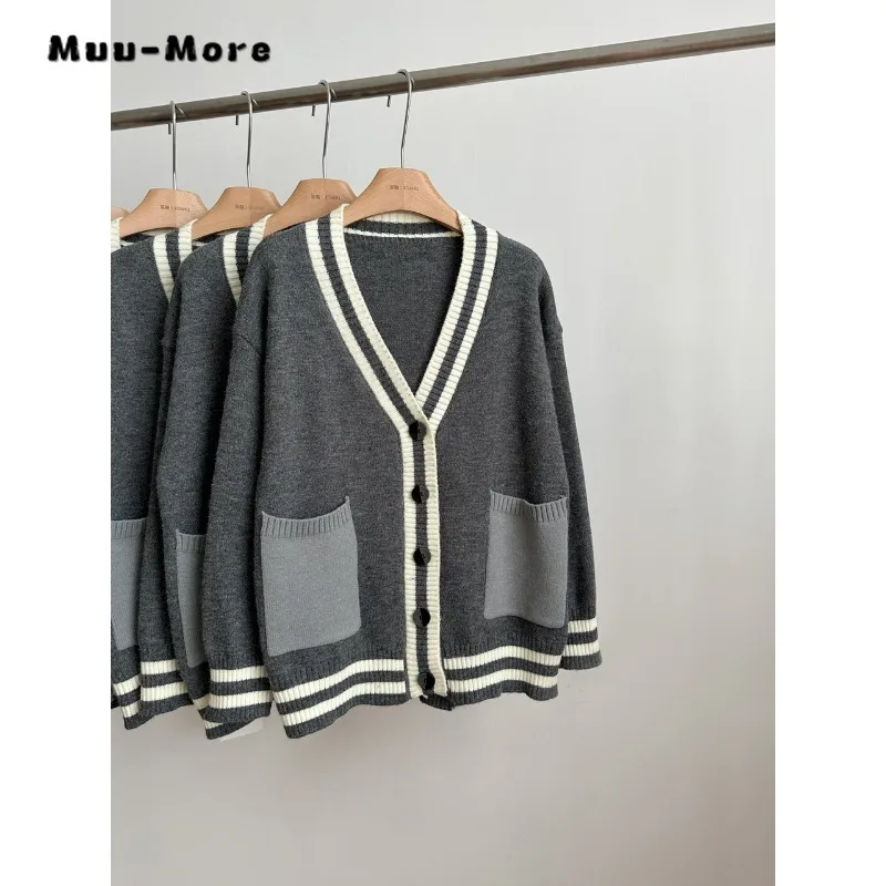 2023 Autumn Winter Knitting Long Sleeve Casual V-Neck Cardigans Women Patchwork Pockets Single Breasted Ladies Sweater Top