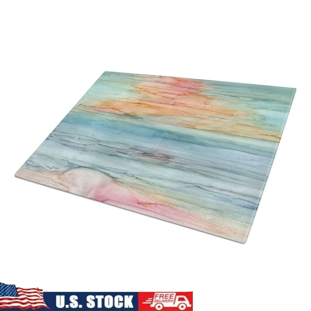 

Large Tempered Glass Cutting Board Heat Resistant Non Skid Multicolor Artwork Rectangular Design Kitchen Countertop Protector