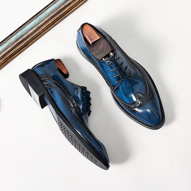 New Spring/Autumn Handmade Formal Black/Blue Men Genuine Carved Leather Pointed Toe Lace-up Business Wedding Dress Shoes