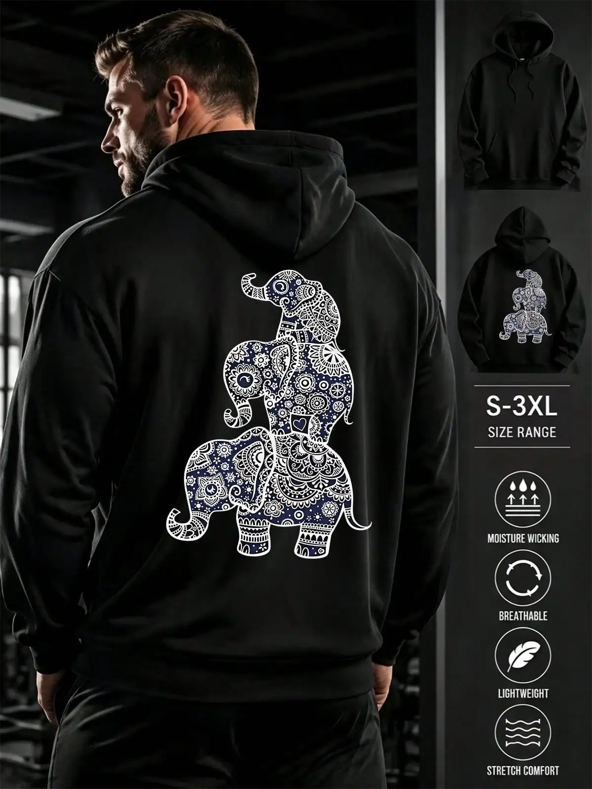 Mens Casual Simple Drawstring Hoodies, Ornate Elephant Stack Back Print, Long Sleeve Sweatshirt Pullover With Pocket