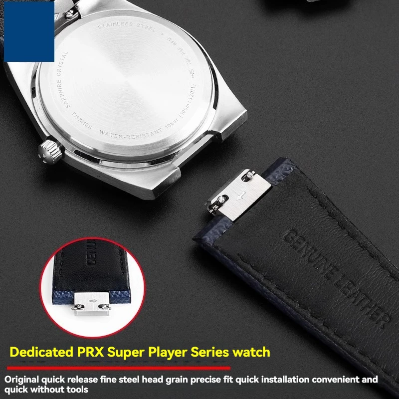 لتيسو PRX T137.407 حزام جلد البقر للرجال 1853 PRX Super Player T 137410   ر 137427   واجهة معدنية حزام ساعة سريع التحرير