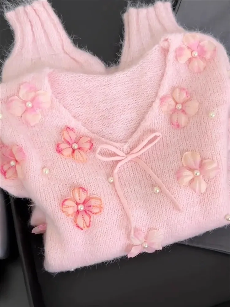 

Sweet 3D Flower V Neck Women Loose Casual Sweater New 2026 Spring Long Sleeve Knitted Pullover Top Lazy Style Jumper Knitwear