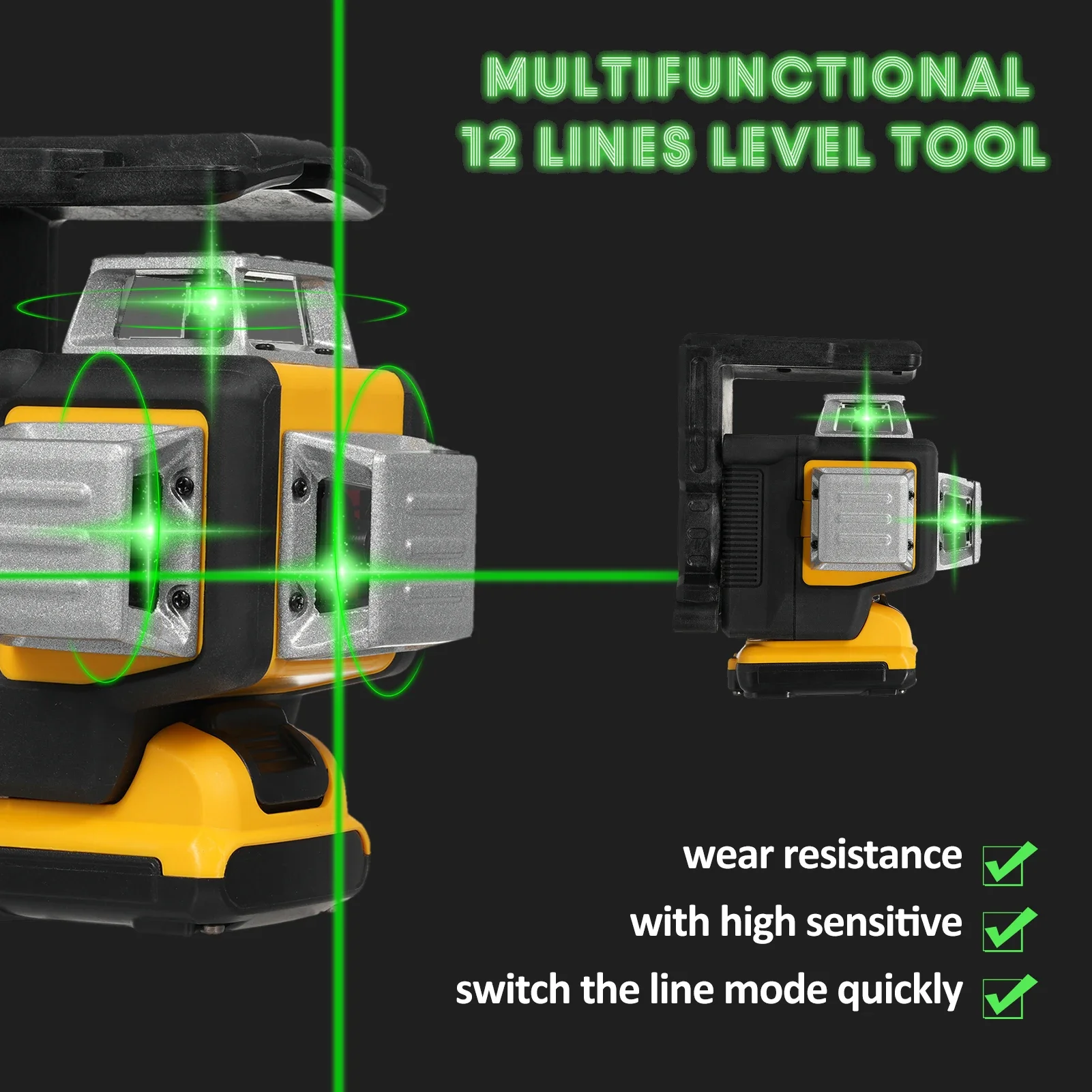 12 خطًا مستوى ثلاثي الأبعاد التسوية الذاتية 100 قدم خارجي قوي في الداخل مستوى خط شعاع أخضر 3x360 °   أداة المستوى الرأسي الأفقي لـ Con
