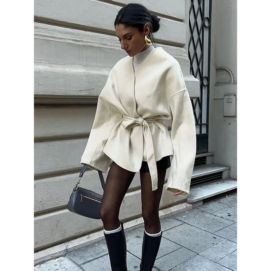 

Ele V-Ne Long Sve Lace-Up Coat for Women Faionable CleanFit Sle Winter Wear Fem Faion Outerwear