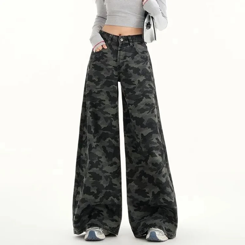 Damesmode camouflage jeans met rechte pijpen meisjes hoge taille baggy cargobroek dame streetwear comfortabele denimbroek