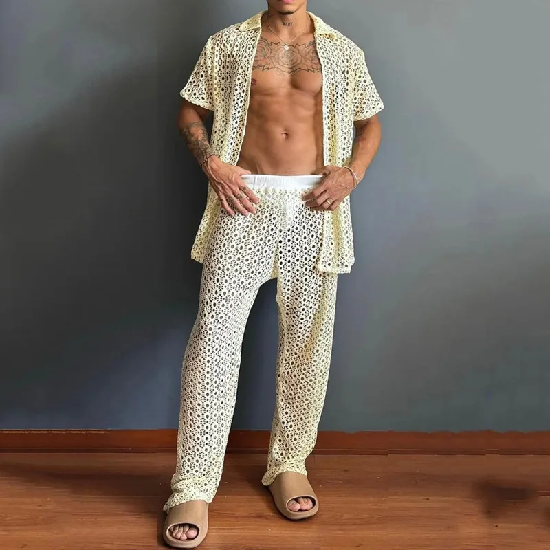 Summer New Hollow Lapel Shirt Solid Color Fashion Casual Trousers Two-piece Set Men