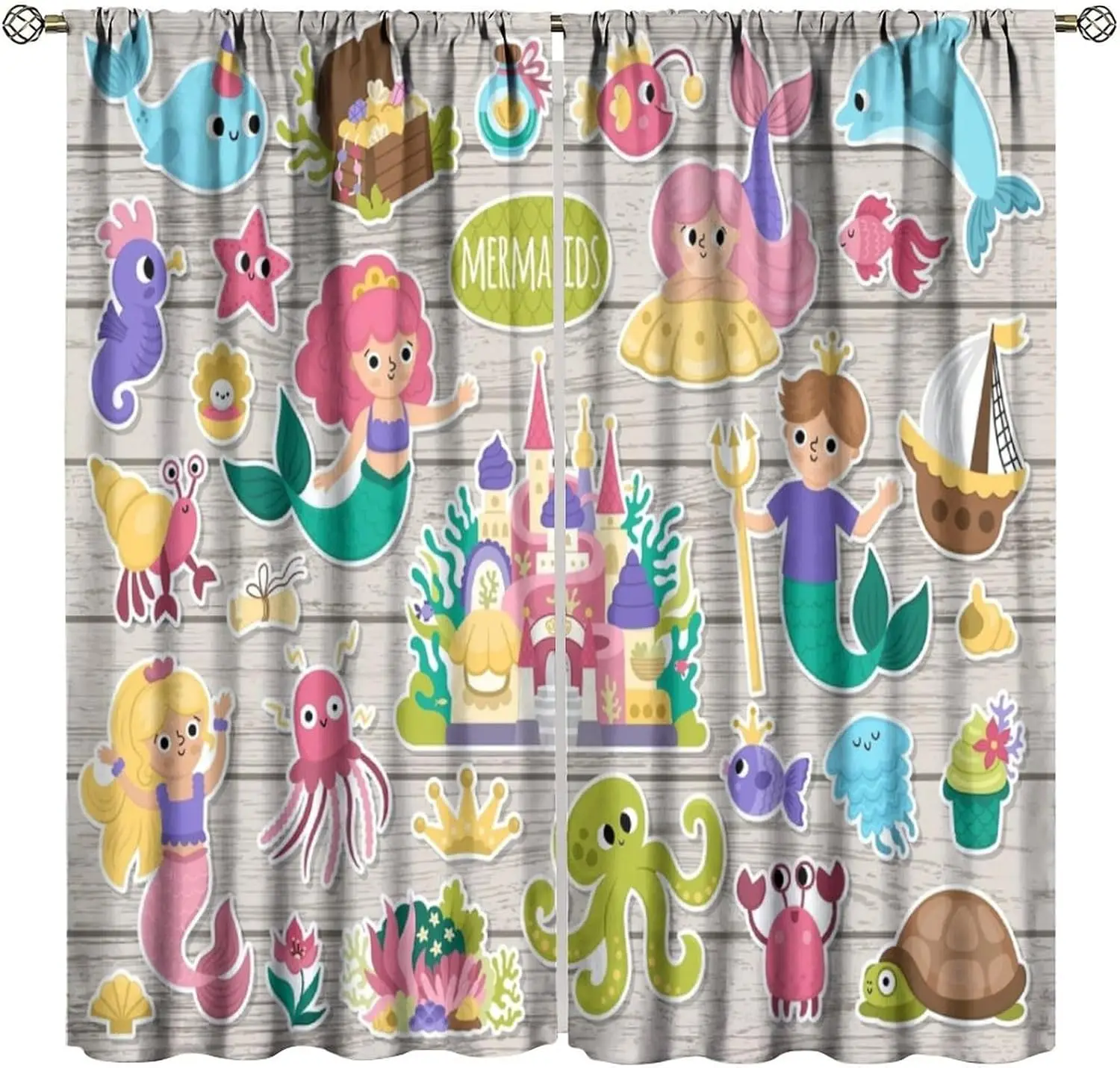 Mermaid Blackout Window Curtain Underwater Kingdom,Cartoon Marine Fairytale Characters on Wooden Background for Home Kitchen