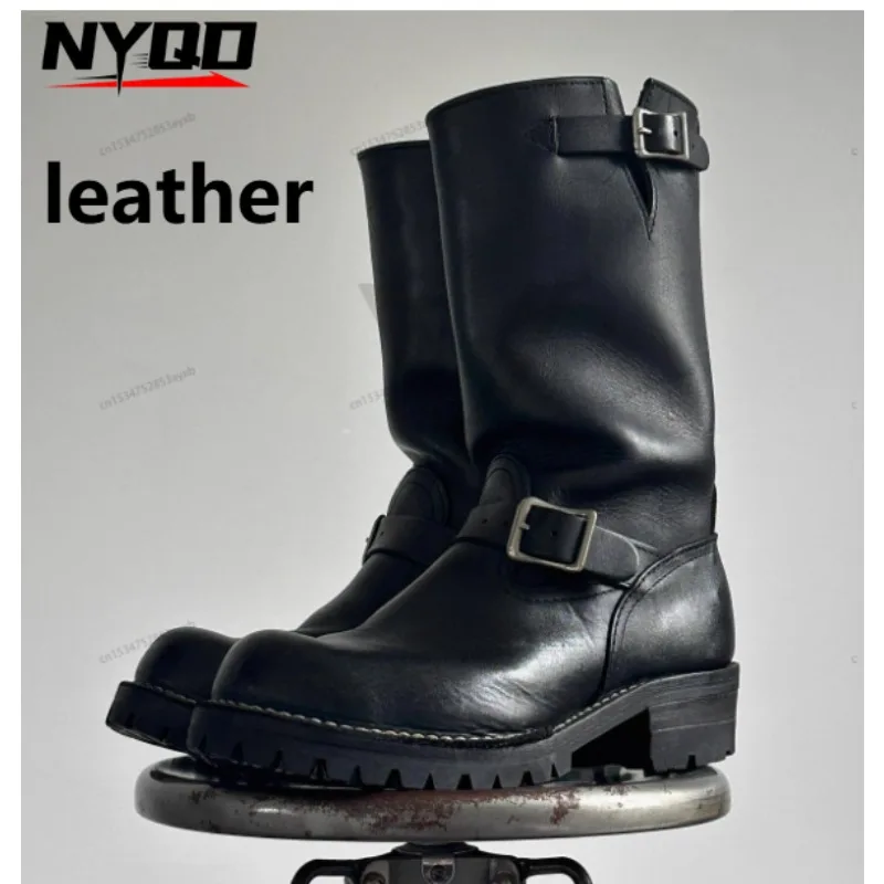 Botas Retro para motocicleta, zapatos de caballero negros para hombre, hebillas de cinturón de cuero negro, botas Chelsea, zapatos de hombre hechos a mano de lujo a la moda