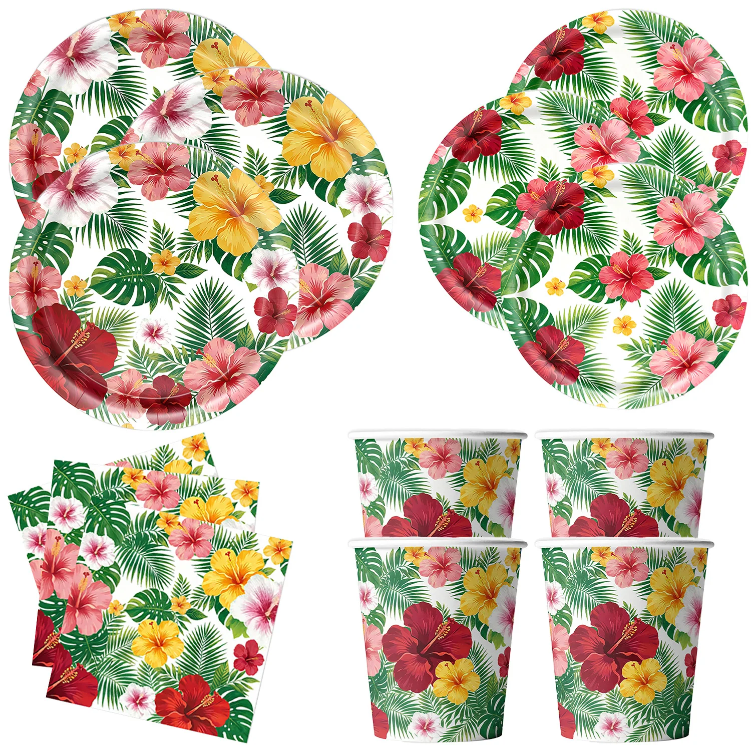 Juego de Artículos para Fiesta Hawaiana Luau, Platos, Vasos y Servilletas de Papel con Diseño de Hibisco Tropical, Vajilla Desechable para Decoración de Fiestas de Cumpleaños de Verano