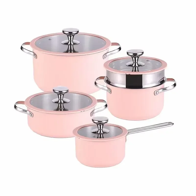9PCS Modern Stainless Steel Ceramic Coating Non-Stick Durable Multi-Functional Sauce Pan Cooking Pot Set Oven Safe Dishwasher
