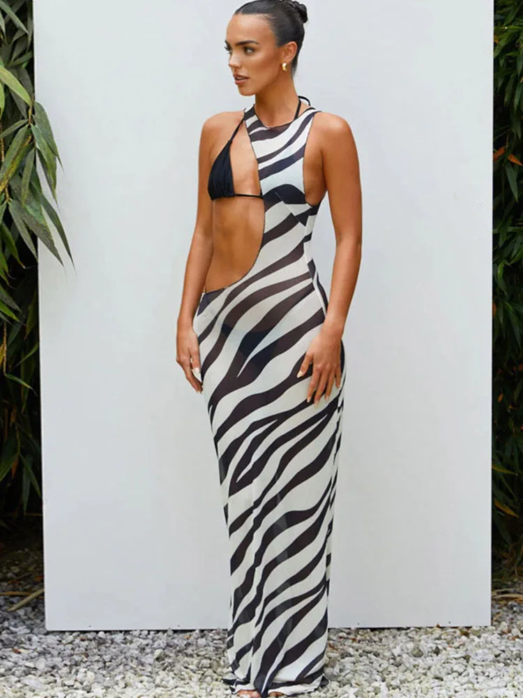 Zebra Print Long Beach Dress Cover-Ups Sexy Transparent Mesh Maxi Dress Striped Cut Out Bodycon Vacation Summer Dress Women 2024