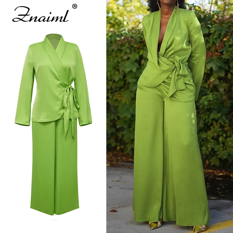

Znaiml Elegant Office Work Women's Long Sleeve Blazers Tops and Wide Leg Pants 2 Piece Set Birthday Party Suit Casual Outfits