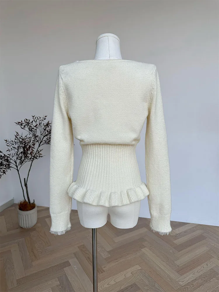 Dolce maglione stile Preppy donna colletto quadrato Pullover lavorato a maglia Beige Mori ragazza moda coreana Casual maglione di pizzo autunno