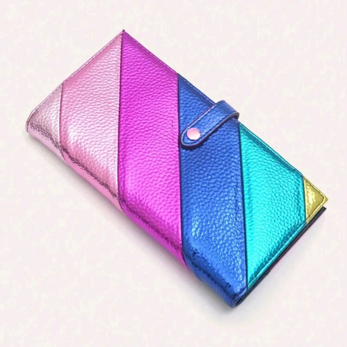 Moda damska Elegancki długi portfel ze skóry PU Kolorowe szwy w paski Kieszonkowe etui na karty na zamek błyskawiczny, Bifold