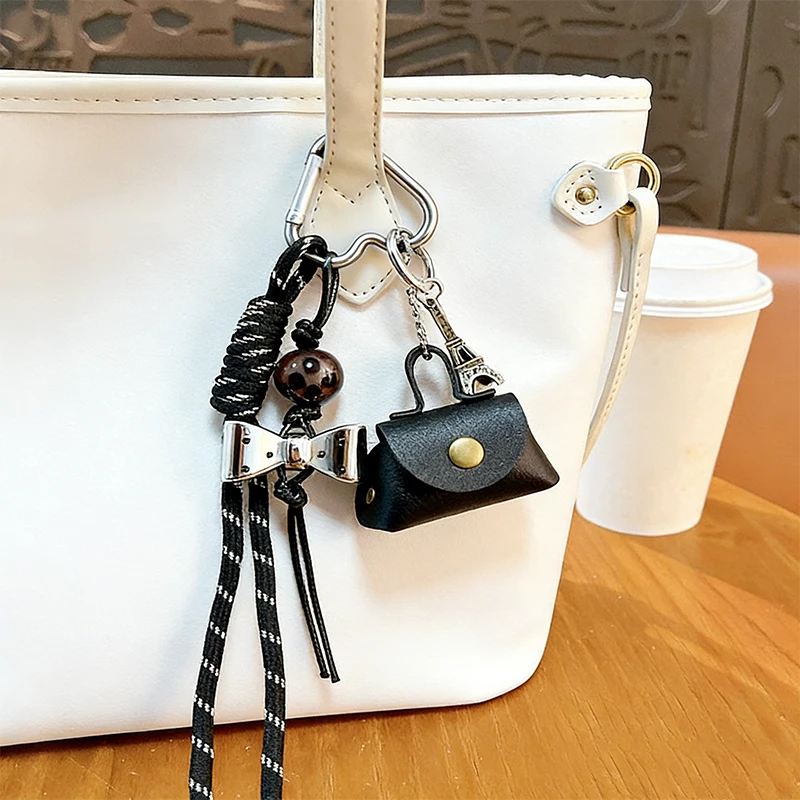 Mini Dumpling Bag Coin Purse Keychain with Nylon Woven Strap Waterproof Imitation Leather Hanging Charm Pendant