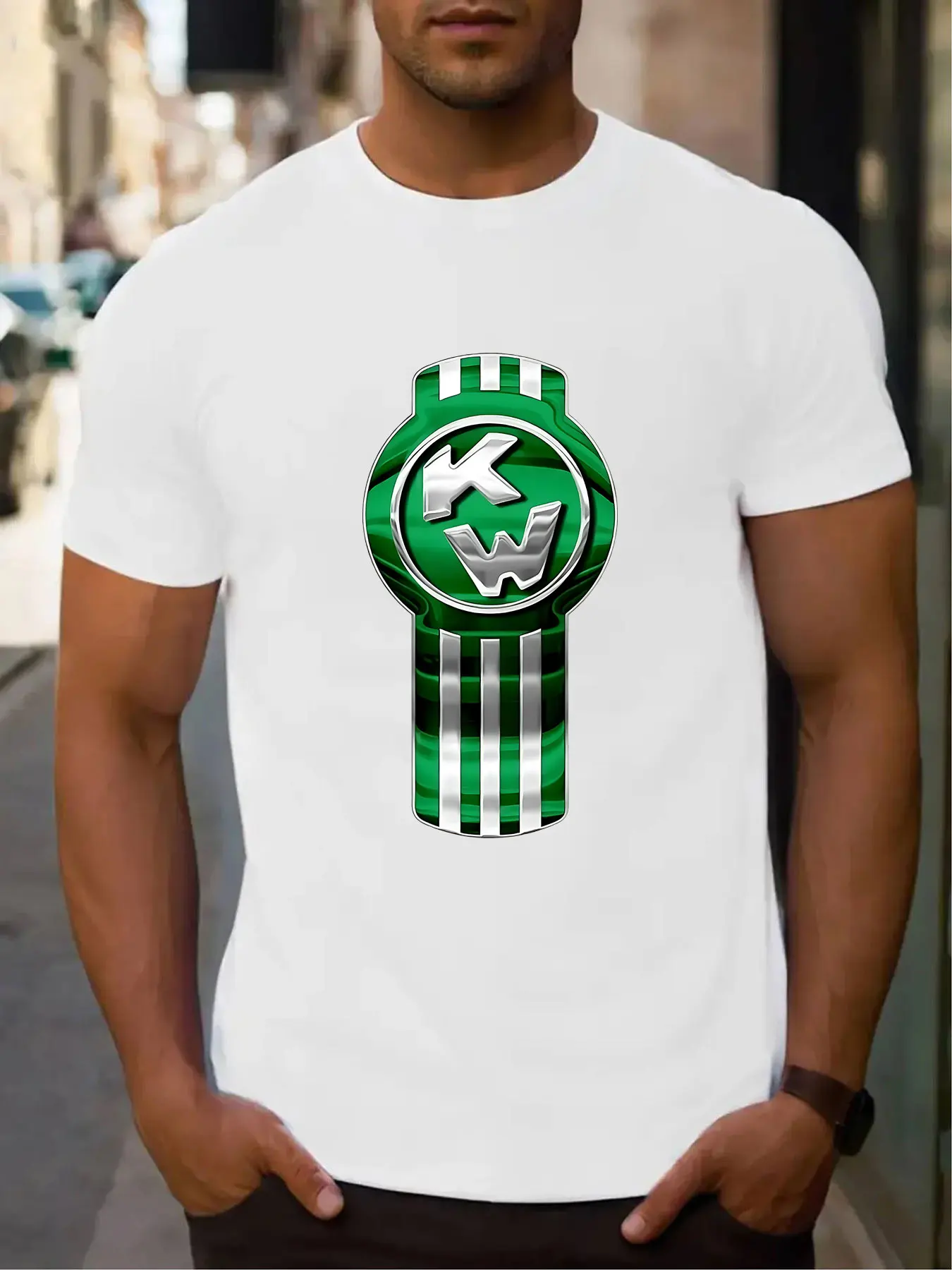 Men's Cotton T-Shirt with Metallic Green KW Emblem Print, Casual Crew Neck Short Sleeve Tee for Daily Wear