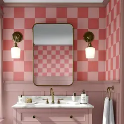 Pink Modern Oversized Checkered Wallpaper, Peel and Stick Wall Mural For Bathroom, Pink and Coral Interior Wall Covering, 50*300