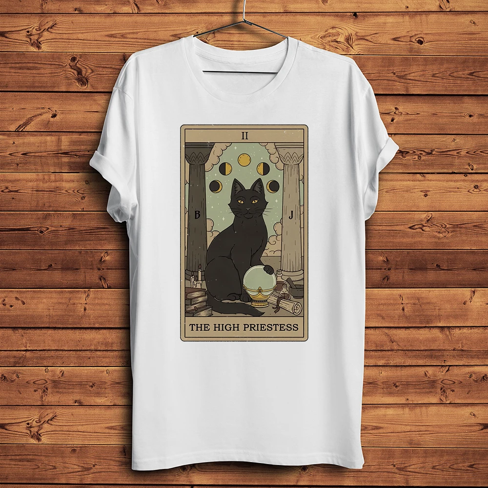 Black Cat Tarot Card Funny Meow T Shirt Men Homme Daily Short Sleeve Causal TShirt Unisex Breathable Streetwear Tee