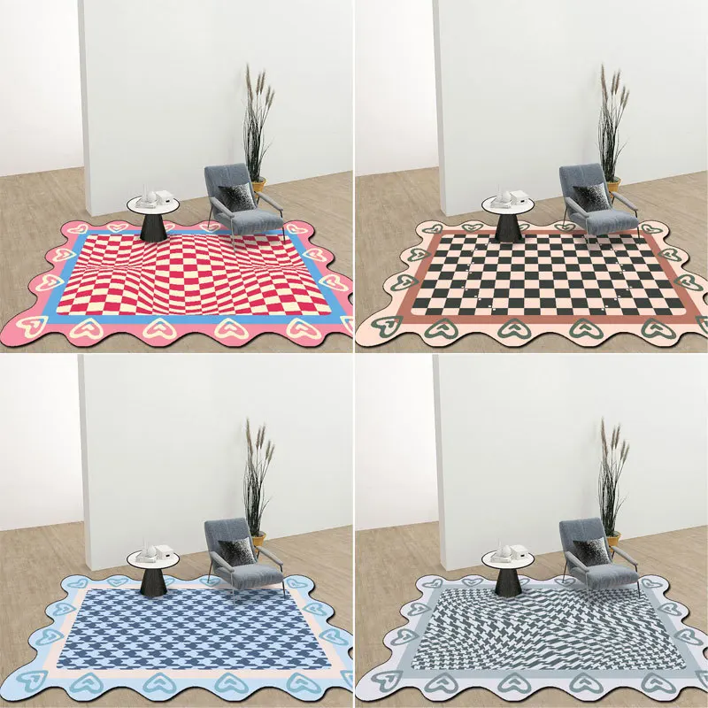 

Nordic Shaped Checkerboard Plaid Love Petals Pink Yellow-green Imitation Cashmere Living Room Bedroom Carpet Floor Mat