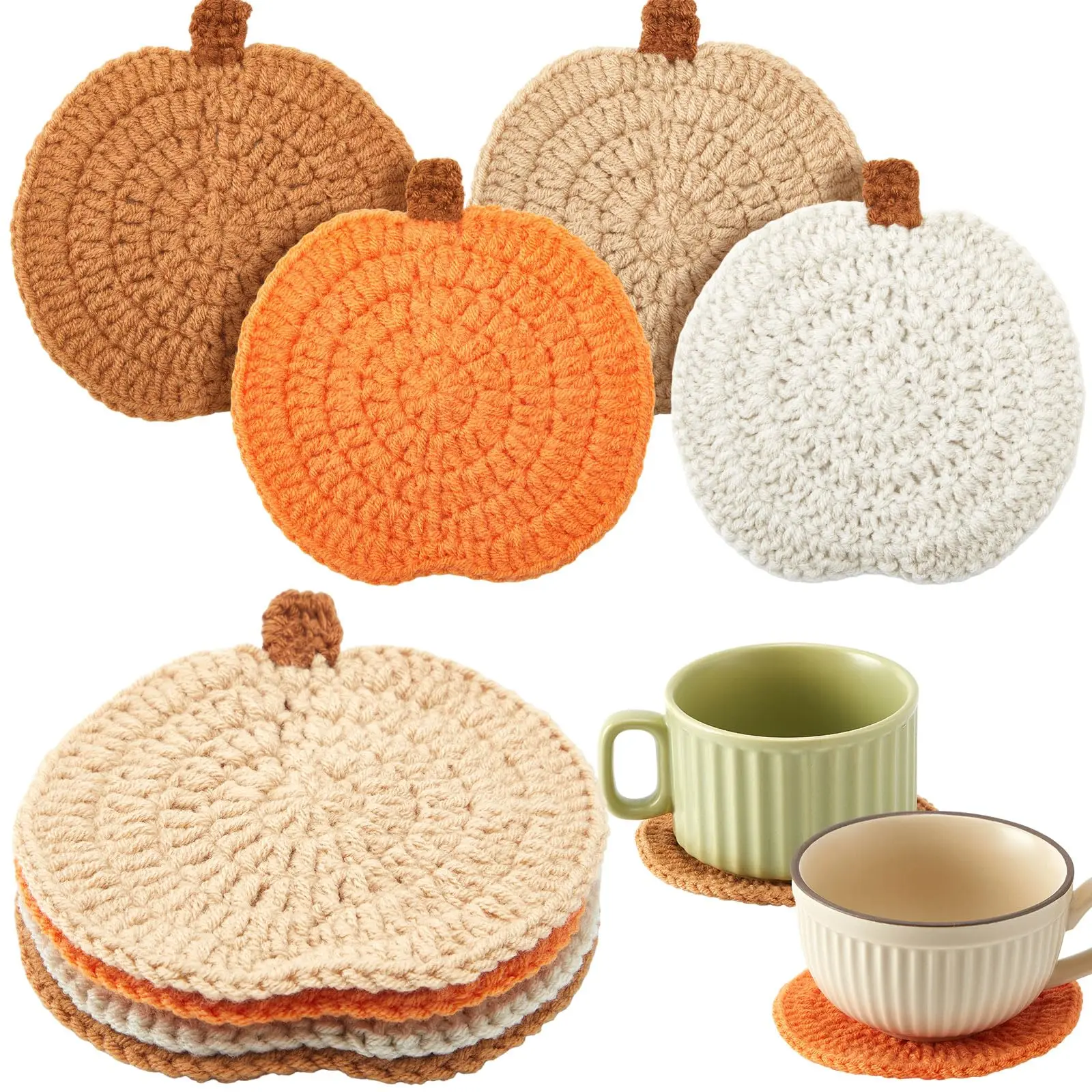 2027 Fall Crochet Coasters, Pumpkin Autumn Crocheted Pumpkin Coasters, Woven Drink Cup Mats for Halloween Thanksgiving Gifts Dec
