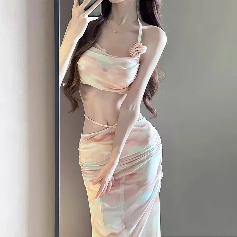 مثير بيكيني ملابس السباحة النسائية قطعتين ثلاث مجموعات عطلة الشاطئ الصلب دعم جمع يشعر تنورة طويلة الراقية الإحساس