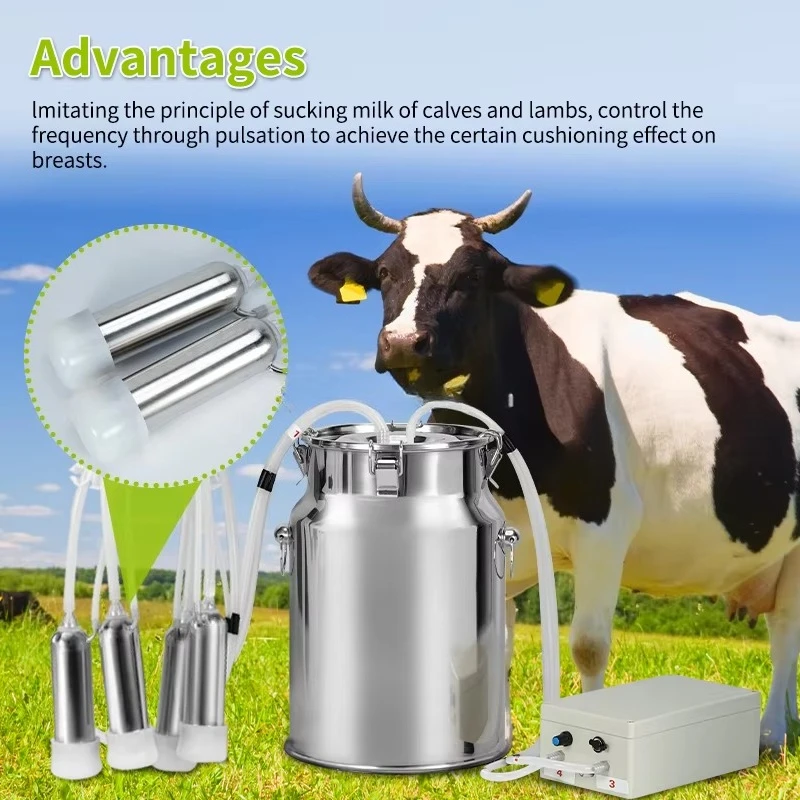 Portable 10L Stainless Steel Pulsating Cow Milking Machine Equipped With 4 Milk Liners For Dairy Farm Cattle