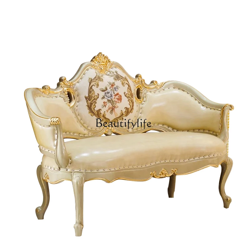 

European solid wood bedside stool small sofa first layer cowhide recliner high-end luxury princess double leisure chair