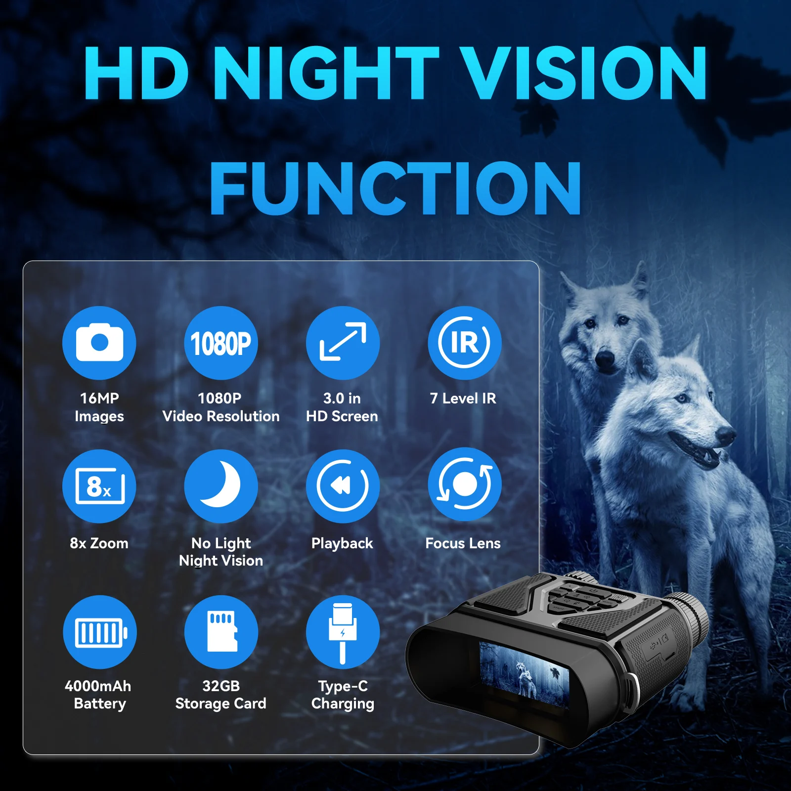 Binoculares digitales de visión nocturna, dispositivo de 1080P, HD, 850nm, infrarrojos, Zoom 8X, gafas de visión nocturna para caza, al aire libre, oscuridad completa, 300m