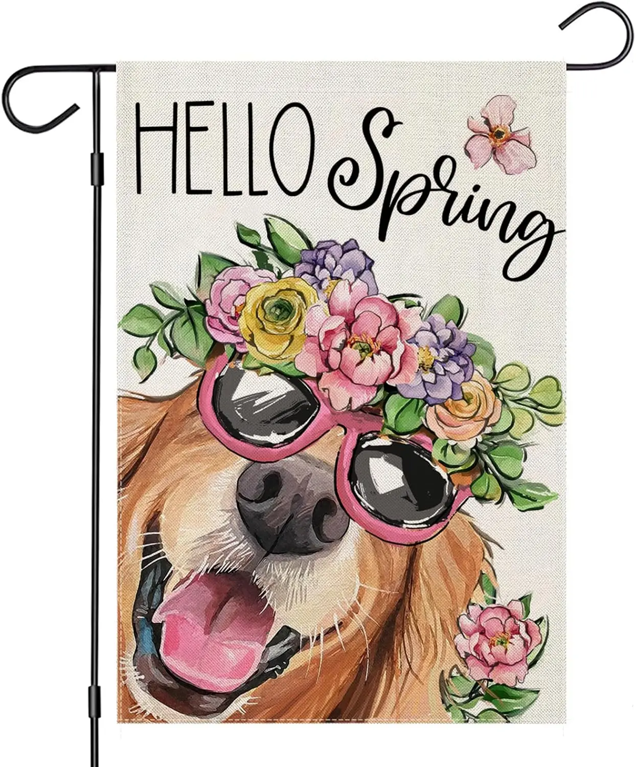 Hello Spring Garden Flags for Outside 12x18 Inch Double Sided, Dog with Flowers Hat Small Yard Decoration, Seasonal Summer A SSL