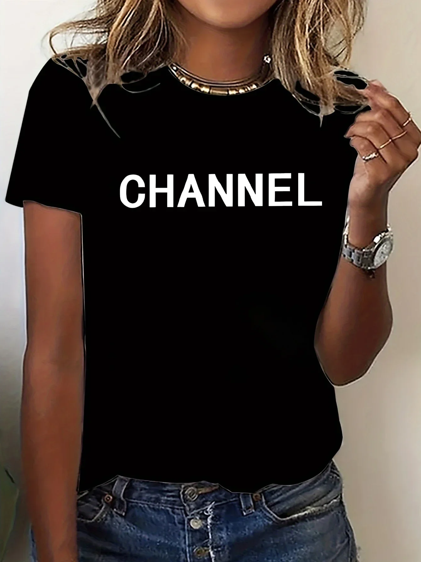 Machine Washable Women's Casual Elegant Fashion CHANNEL Graphic T-shirt - Crew Neck Short Sleeve Top