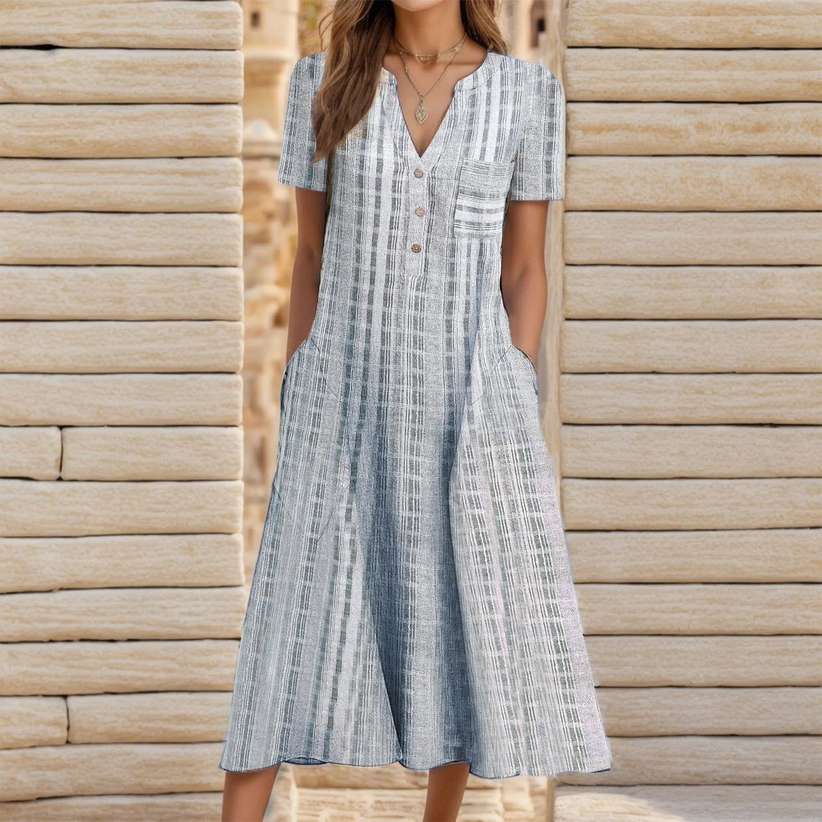 

Summer Dress Women V Neck Sleeveless Pocket Button Loose Maxi Dresses Vintage Print Party Dress 2024 A-Line Beach Dresses