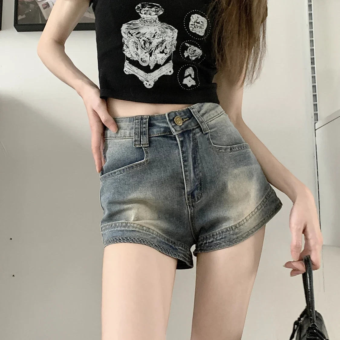 Women's Denim Shorts Vintage Summer Female Short Jeans Pants High Waist Aesthetic Kpop Jorts Design Youthful Korean Style XL Hot