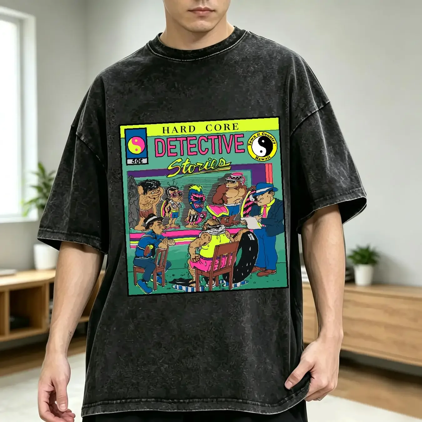 washed T Shirt Vintage C Town And Country Hard Core Detective Stories Surf Skate vintage Washed Breathable Stretched graphic
