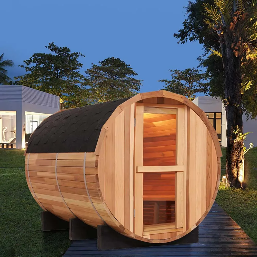 Stock US Traditional Red Cedar Barrel Sauna 4 Person Outdoor Villa Sauna Room With Sauna Stove