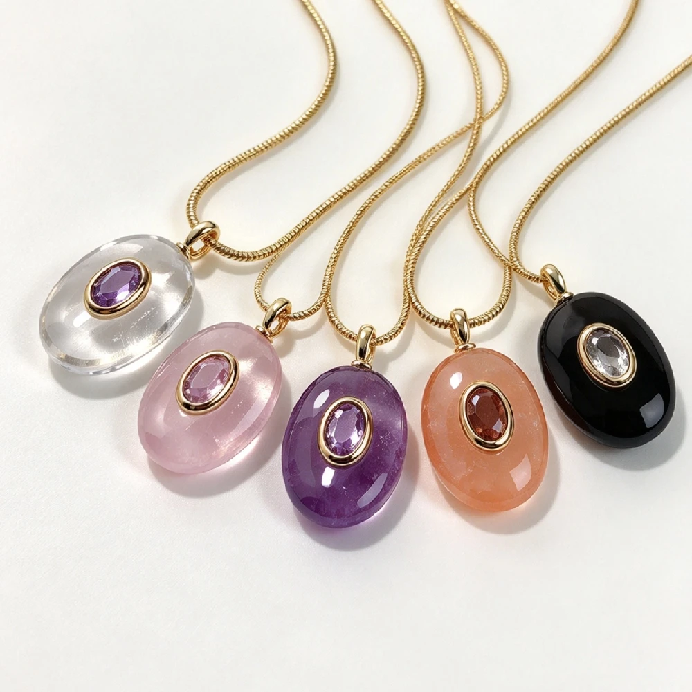 1PC Retro Oval Rock Specimen Necklace,Embedded Decorative Mineral Charm,Hand‑styled Daily Wear Jewelry Golden Plated N2C071