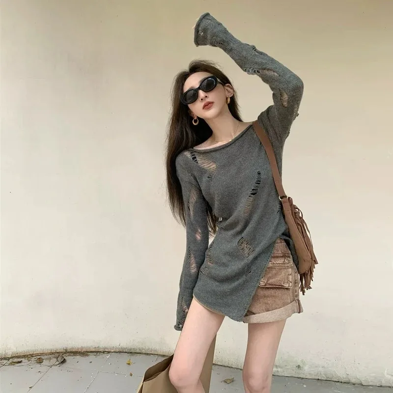 Hong Kong Style Hollow out Knitted Top Women's Early Autumn Thin Design Sun Protection Loose Long Sleeve Slit Hole Shirt