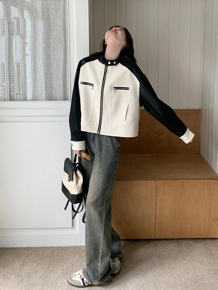 Color blocking patchwork leather jacket for women spring 2025 new Korean style loose design fashion casual leather jacket