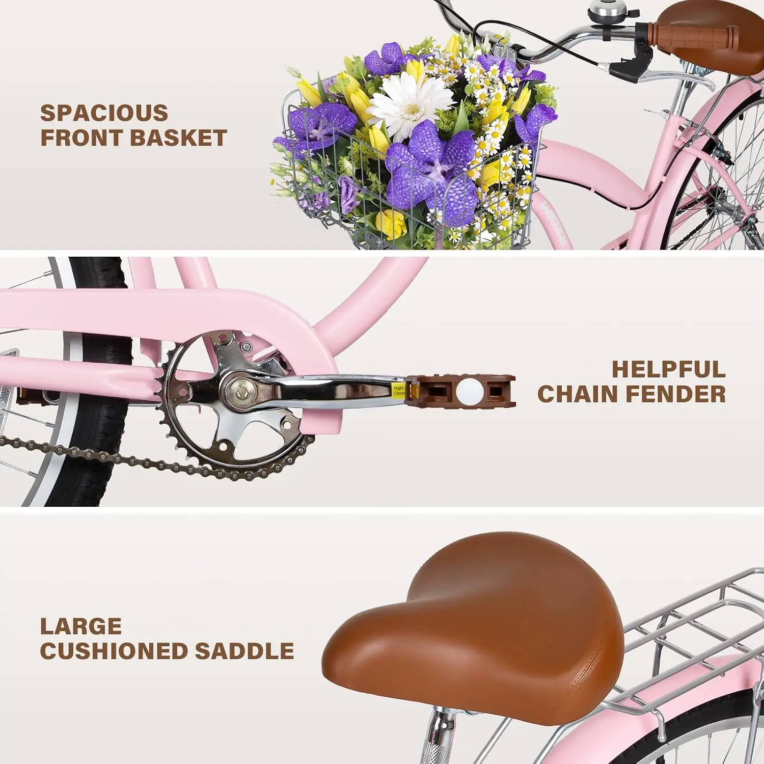 High Carbon Steel, Front and Rear Fenders, Rear Rack, Basket, Comfortable Ergonomic Upright Design, Multiple Color