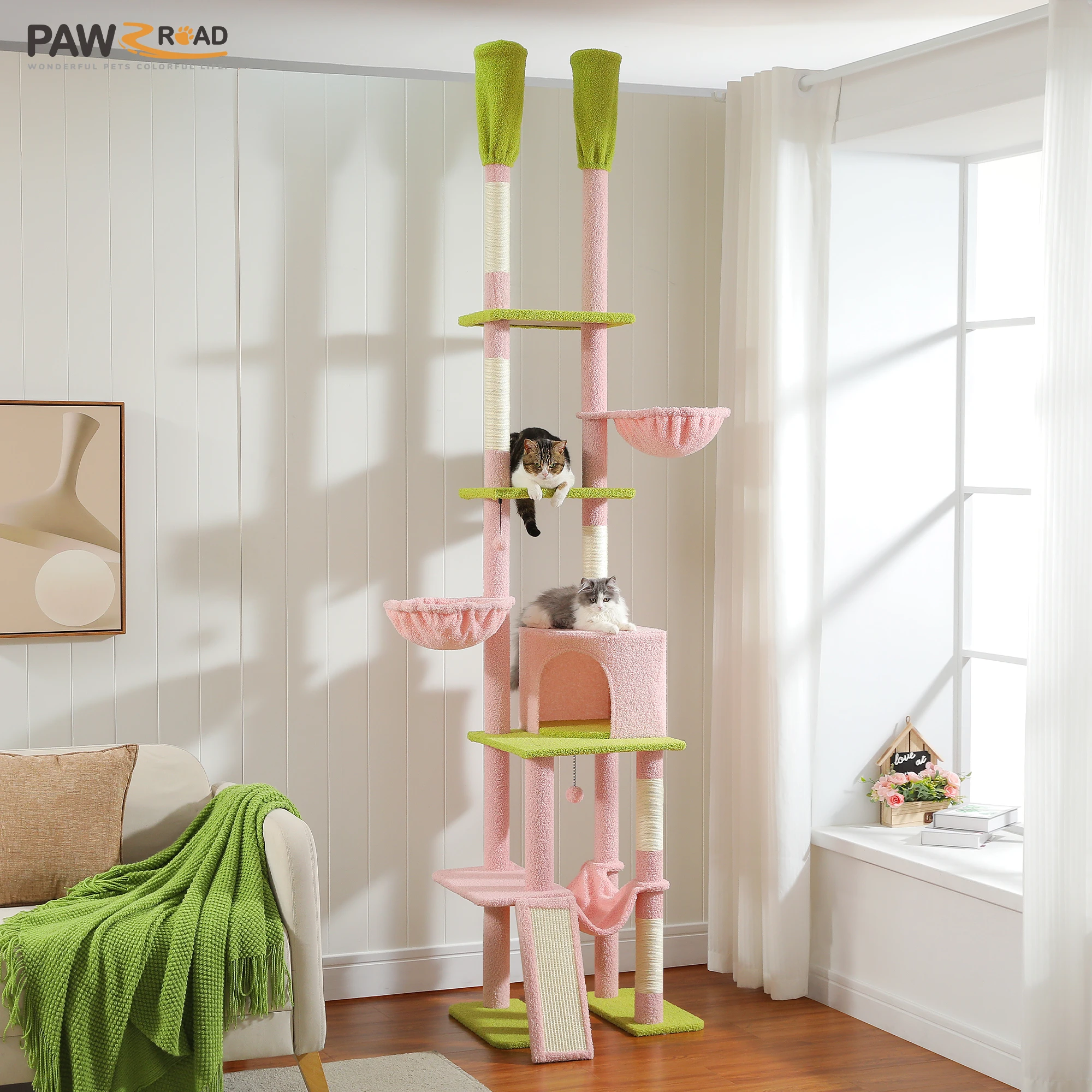 Vom Boden bis zur Decke hoher Kratzbaumturm mit natürlichen Sisal-Kratzbäumen, Kratzleiter, gemütliche Hängematte und privatem Eigentumswohnung, Katzenspielzeug