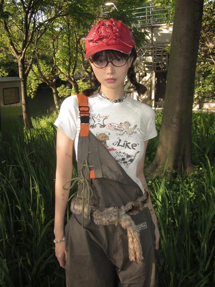 Harajuku تي شيرت مطبوع المرأة سليم كم قصير المحاصيل القمم Y2k خمر الجرونج القمم الشارع الشهير 2000s بلايز اليابانية