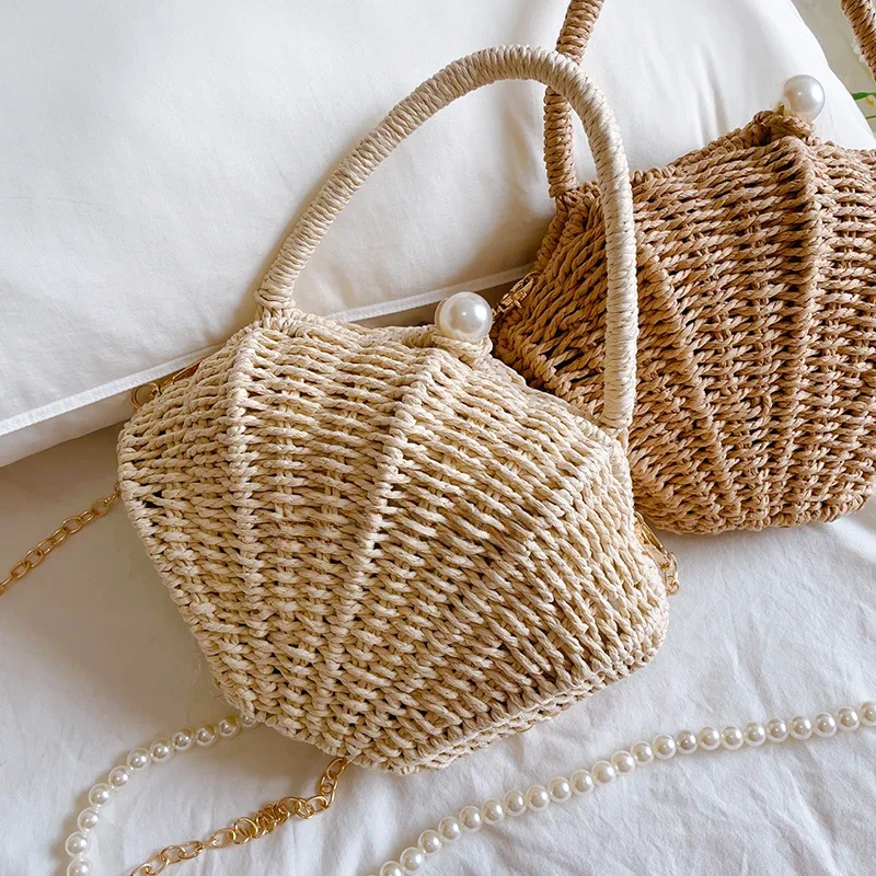 Woven Beach Bag for Phone, Cute Fairy Bag for Phone, Pearl Shell Storage Bag, Small Practical Travel Organizer, Fashion