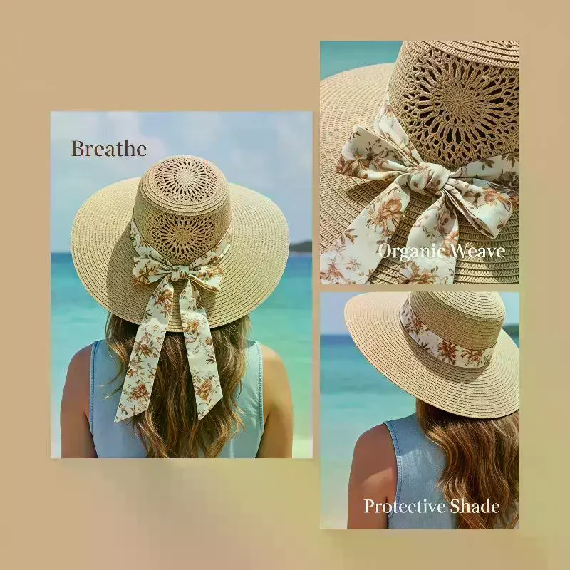 Beige Wide Brim Straw Sun Hat With Polka Dot Ribbon Bow Sun Protection For Summer Beach Outdoor Activities