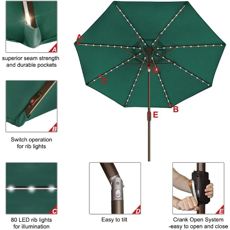 Guarda-chuvas solar, Guarda-chuva de mesa ao ar livre, Ventilação, Sem desbotamento, EUA 10 anos, 9 pés, 80 luzes LED