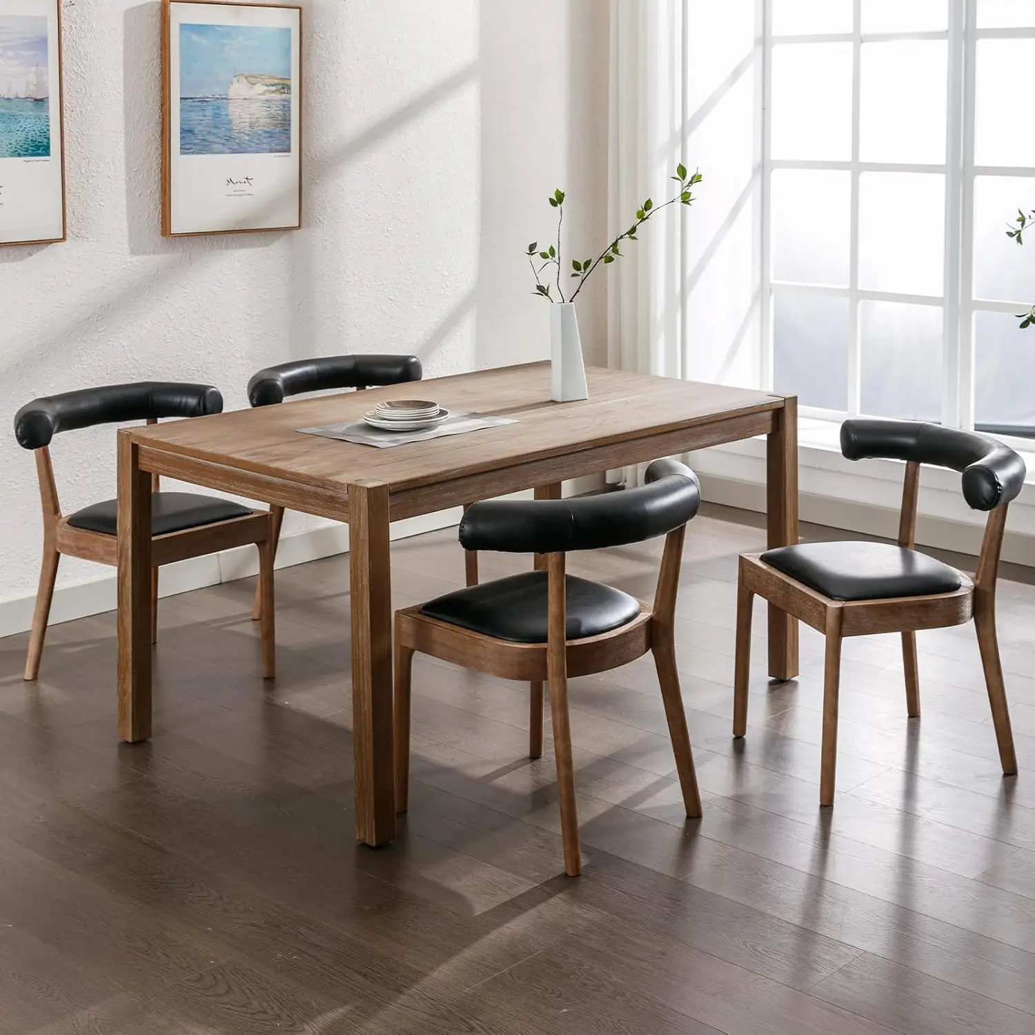 

Стулья для столовой средней современности кожаные кухонные стулья с рамой из Натурального ореха, полиуретановая изогнутая спинка, набор из 4, полиуретан